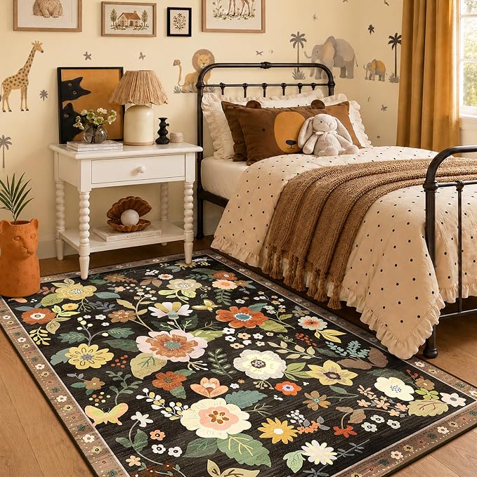 RELEANY Floral Washable 4x6 Area Rugs Black/Yellow | Flower Carpet Print Boho - Image 9