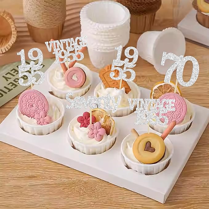 Gyufise 24Pcs 70th Birthday Cupcake Toppers Glitter Cheers to 70 Fabulous Seventy Vintage 1955 Cupcake Picks 70th Birthday Wedding Anniversary Party Cake Decorations Supplies Silver
