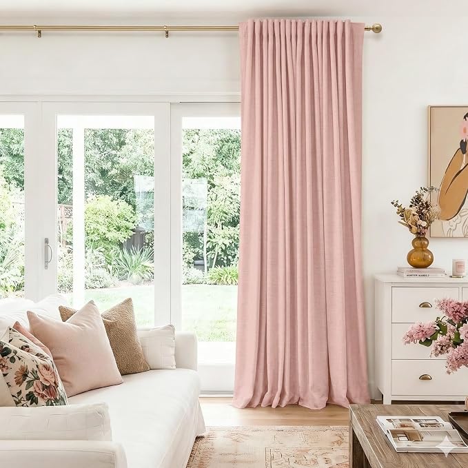 Linen Textured Total Blackout Sliding Door Curtains 90 Inches Long, Blush Pink - Image 5