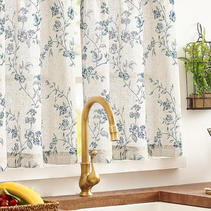 Blue on Beige Linen Kitchen Curtains Rod Pocket 26W X 24L 2 Panels | Elisa - Image 7