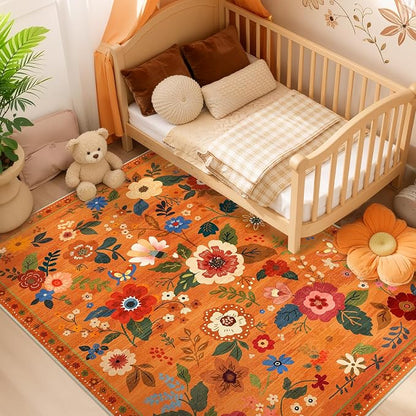 RELEANY Floral Washable 4x6 Area Rugs BurntOrange | Flower Carpet Print Boho - Image 2