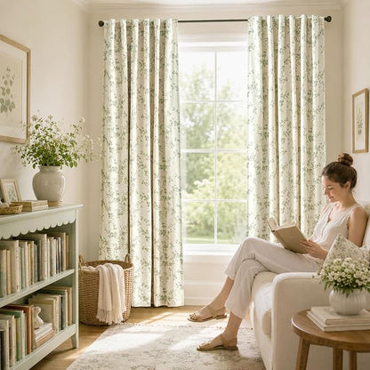 Blackout Vintage Floral Linen Curtains Green on Beige 50×96 2 Panels | Elisa - Image 7