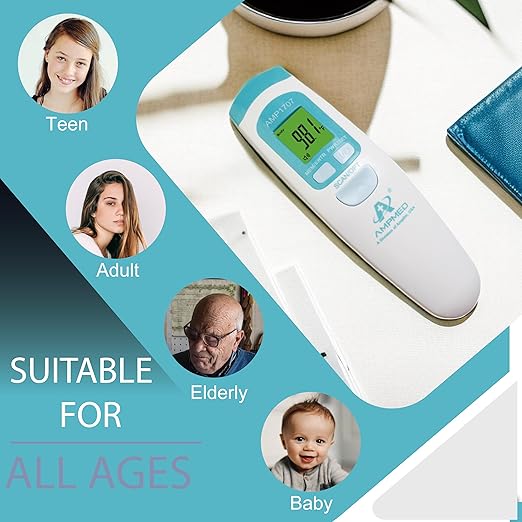 Amplim Non-Contact Forehead Thermometer & Case for Adults, Kids, Baby, FDA Cleared, Medical Grade, Touchless Infrared, 1-Sec Reading, Fever Alarm, Memory Recall, Quiet Mode, (White)