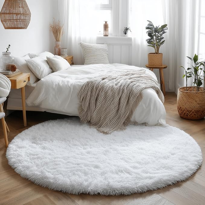 Amdrebio White Furry Round Circle Rug 6Ft - Image 5