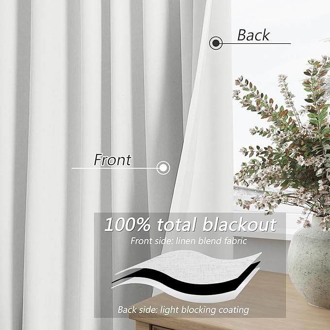 Off White 100% Blackout Linen Curtains 63 Inch Length 2 Panels Set - Image 4