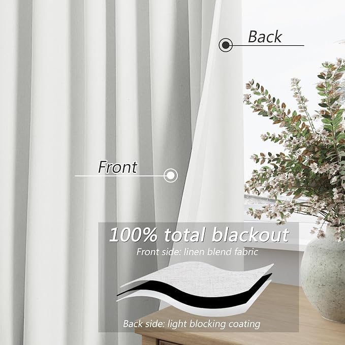 White 100% Blackout Linen Curtains 92 Inch Length 2 Panels Set - Image 3