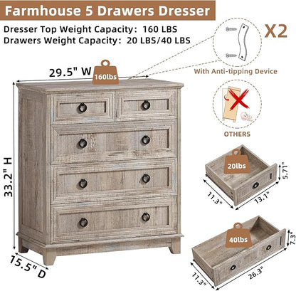 Joaxswe Farmhouse 5 Drawer Dresser - Image 2