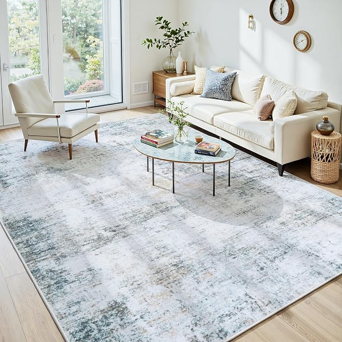 9x12 Washable Area Rug for Living Room Bedroom: Non-Slip Modern Blue Grey | - Image 2