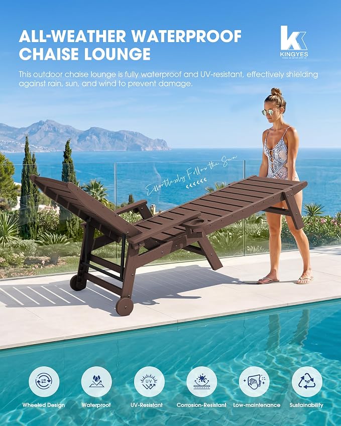 KINGYES HDPE Lounge Chair Outdoor, Patio Chaise Lounge Recliner - Image 6
