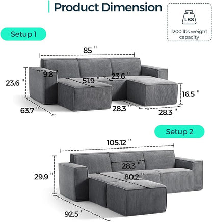 LINSY HOME Modular Sectional Sofa, Corduroy Sectional Cloud Couches - Image 2