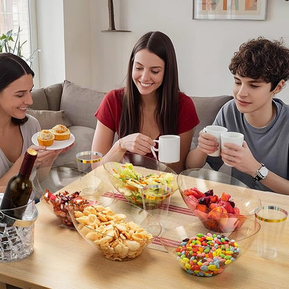 BESTVIP 54oz Clear with Gold Glitter Serving Bowls for Party - 12 Pack Angled Disposable Serving Bowls for Chips, Snacks, Fruit, Salad - Decorative Catering Bowls for Daily Use,Halloween, Christmas
