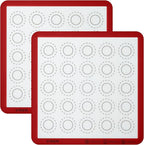 446ºF Heat Resistant Macaron Mat: U-Taste 11x11in Non Stick Silicone Baking Mat, Reusable Cookies Pastry Sheet Liner with Edge Enhancement & Circle Measurement for Square Cake Pan (2 PCS, Red)