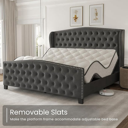 LARMACE King Size Bed Frame Velvet Upholstered Platform Bed - Image 9