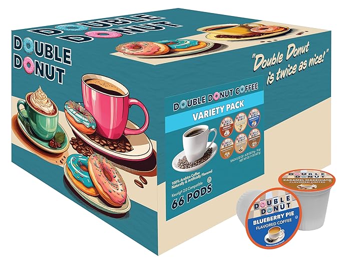Double Donut Coffee Variety Pack Assorted Medium Roast, Dark Roast & Flavored Coffee in Recyclable Single Serve Cup, 66 Count