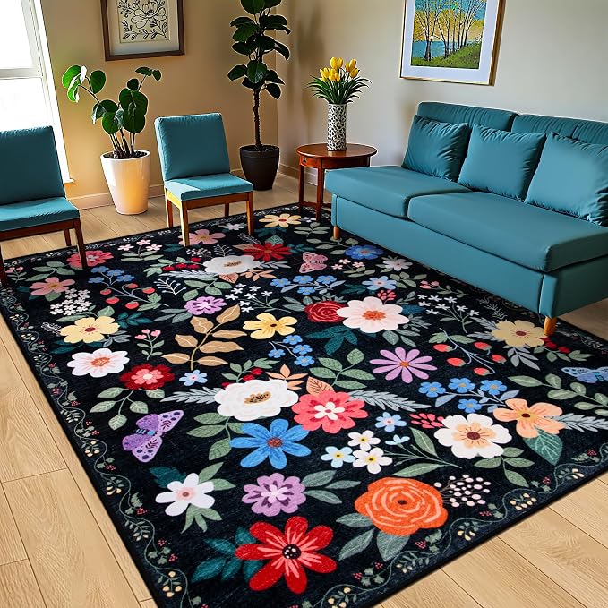 PLHXFR Area Rug 9x12 Living Room: Floral Washable Boho Soft Carpet Black | - Image 2