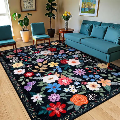 PLHXFR 8x10 Area Rug Living Room: Floral Washable Boho Soft Carpet Black | - Image 2