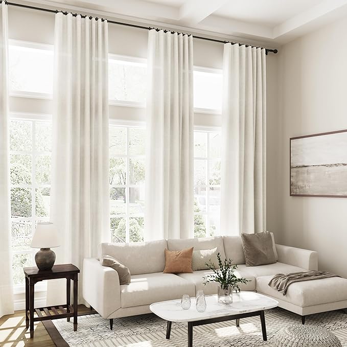 Cream Linen Curtains 99 Inches Long 2 Panels Set Back Tab Rod Pocket Semi Sheer - Image 7