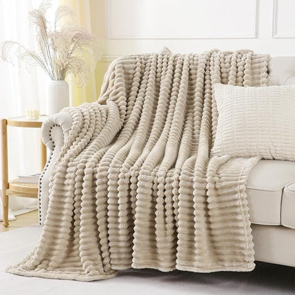 Khaki Throw Blanket for Couch Sofa 50x70 inches Striped Design | Fleece - Image 2