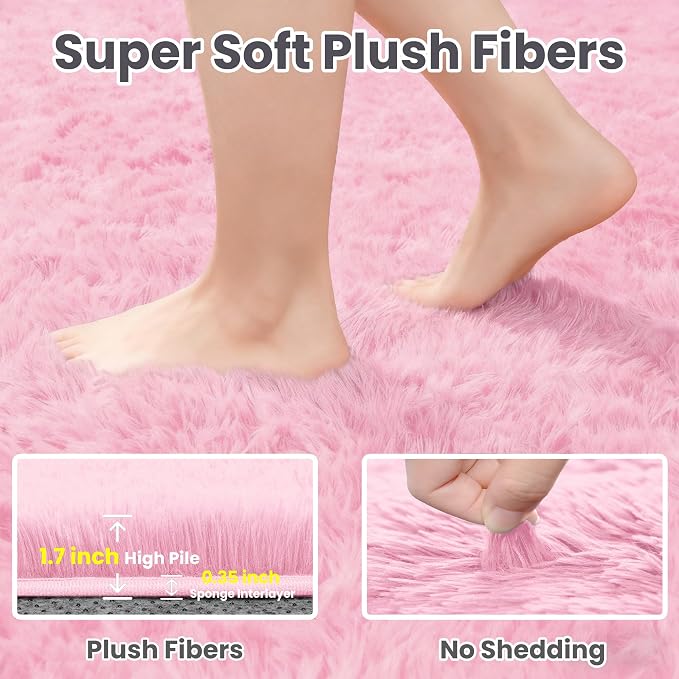 8x10 Fluffy Shag Area Rugs for Living Room Bedroom: Soft Carpet Light Pink | - Image 5