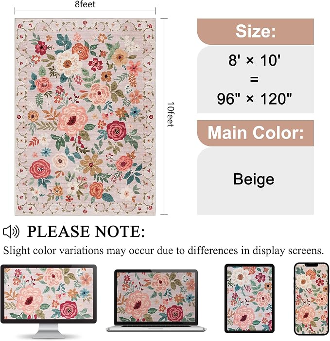 DUKINO 8x10 Area Rugs, Floral Washable Living Room Rug Non Slip, Stain Resistant - Image 2