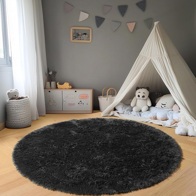 Black Round Rugs 7ft for Living Room, Fluffy Bedroom Circle Area Rug, Soft - Image 7