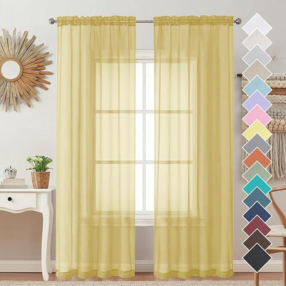 Mustard Yellow Sheer Curtains 96 Inches Long 2 Panels, Solid Lightweight & Airy by OVZME