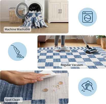 GarveeHome 8x10 Area Rugs Geometric Washable Modern Dark Blue Checkered Rug | - Image 9