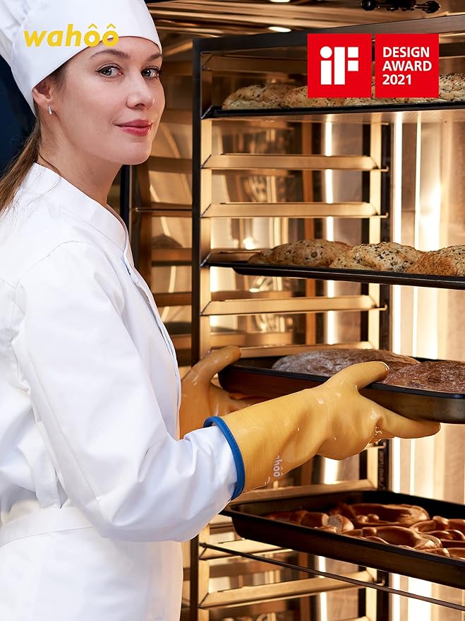 LANON Protection Wahoo Liquid Silicone Smoker Oven Gloves, Food-Contact Grade, Heat Resistant Gloves for Cooking, Grilling, Baking, Yellow, M/8