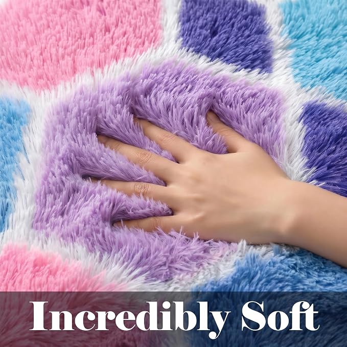 Checkered 8x10 Area Rugs for Living Room, Fluffy Purple Rainbow Girls Rug | - Image 2