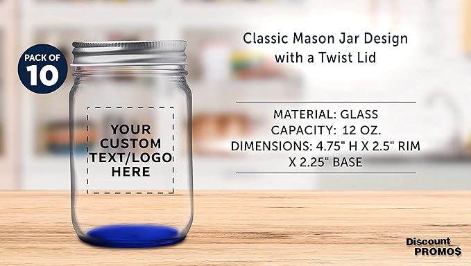DISCOUNT PROMOS 10 Decorating Mason Jars Set, 12 oz. - Customizable Text, Logo - Canning, Aluminum Lid - Blue