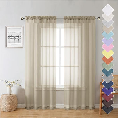 Taupe Sheer Curtains 72 Inch Length 2 Panels, Light Filtering Soft Solid Voile by Lecloud