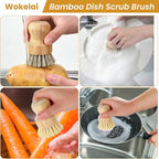 Bamboo Dish Scrub Brushes Set for Kitchen - Wooden Cleaning Scrubbers Brushes, Eco-Friendly Natural Dishes Washing Brush for Dishwashing Cast Iron Pots Pans Skillet Vegetables Sink, Set of 2