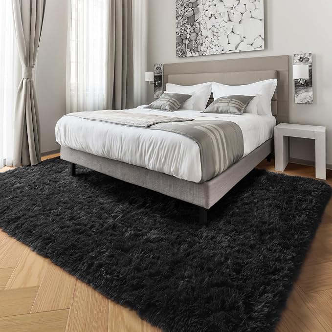 4x6 Ft Fluffy Bedroom Rugs Black Neutral Living Room Area Rug Shaggy Carpet | - Image 5