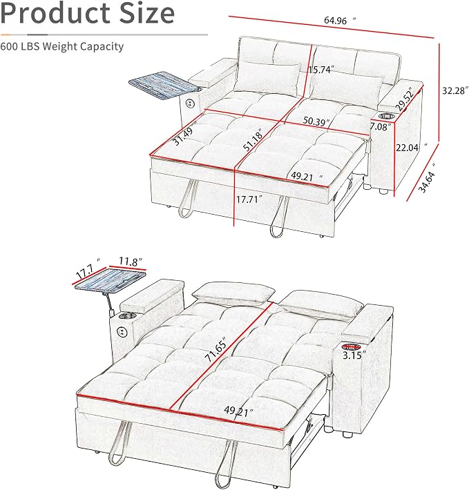 Auvsoce 65'' Convertible Sleeper Sofa Bed - Image 2