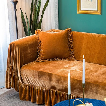 Velvet Sofa Cover Soft Decorative Luxurious Solid Exquisite Ruffle Trim - Image 3