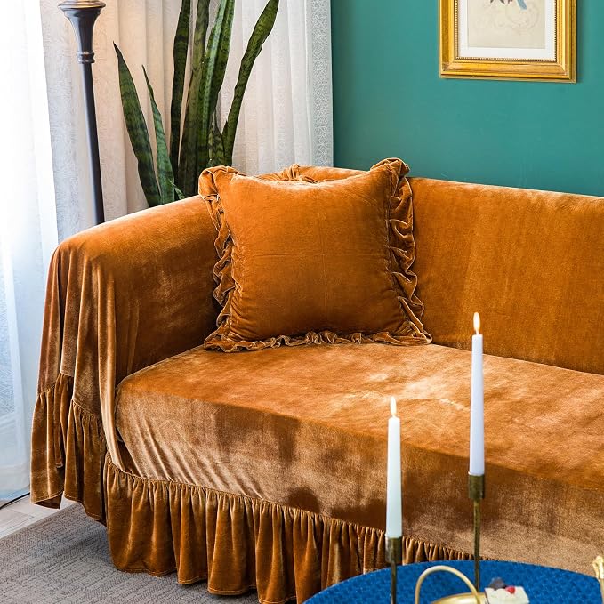 Velvet Sofa Cover Soft Decorative Luxurious Solid Exquisite Ruffle Trim - Image 2