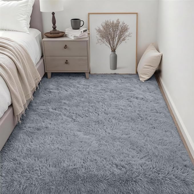 Area Rug Living Room Bedroom: 4x6 Fluffy Plush Shag Carpet Gray | - Image 3