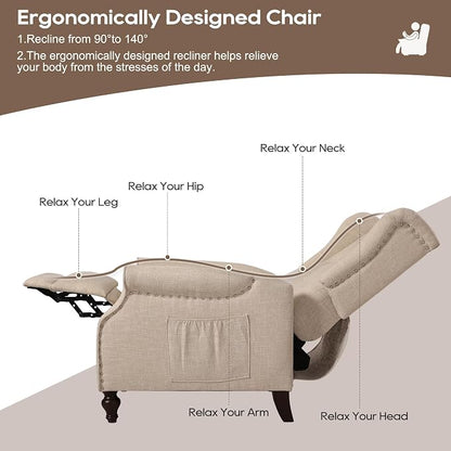 Wingback Recliner Chair with Massage and Heat, Tufted Fabric Push Back Recliner - Image 6