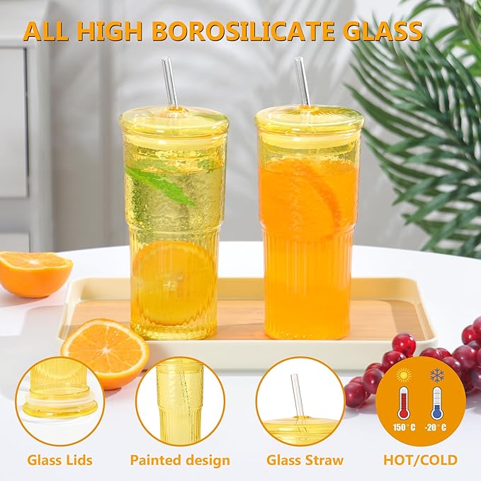20 OZ Glass Cup with Lids and Glass Straws, High Borosilicate Iced Coffee Glass Tumblers with Lid and Straw for Drinks, 2pcs Reusable Wide Mouth Smoothie Cup(Yellow)