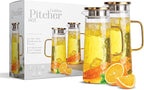 Glass Water Pitcher with Stainless Steel Lid, 2 Pack, 50 oz 1.5L - Borosilicate Glass Jug, Heat Resistant Carafe with Filter, Golden Vintage Design