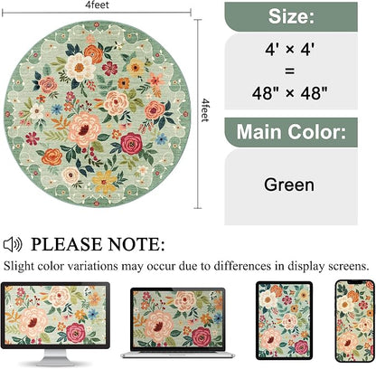 DUKINO 4ft Round Rug, Floral Washable Small Round Area Rug Non Slip, Low Pile - Image 2