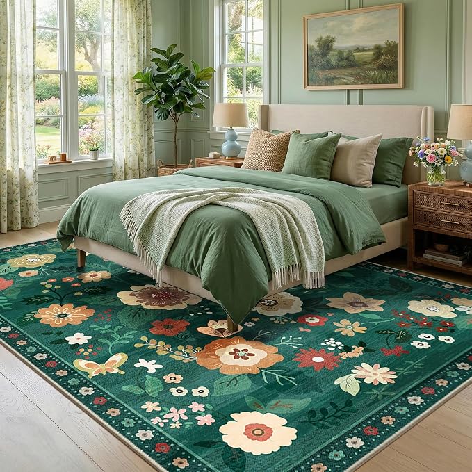 RELEANY Floral Washable 6x9 Area Rugs DarkGreen | Flower Carpet Print Boho Cute - Image 2