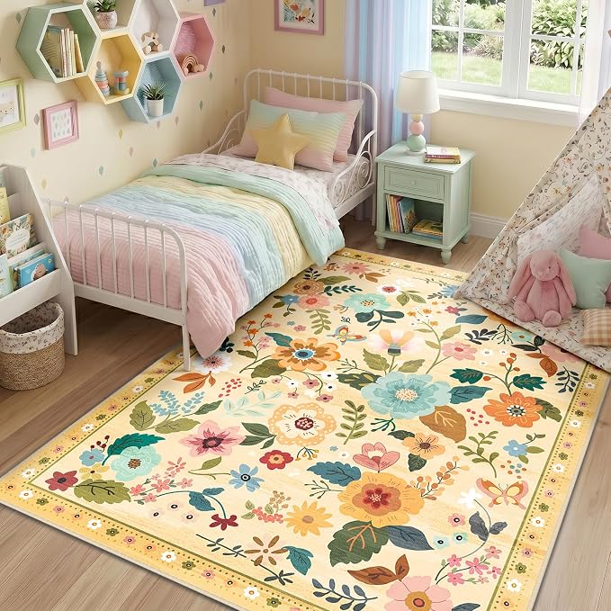 RELEANY Floral Washable 3x5 Area Rugs Ivory/Yellow | Flower Carpet Print Boho - Image 6