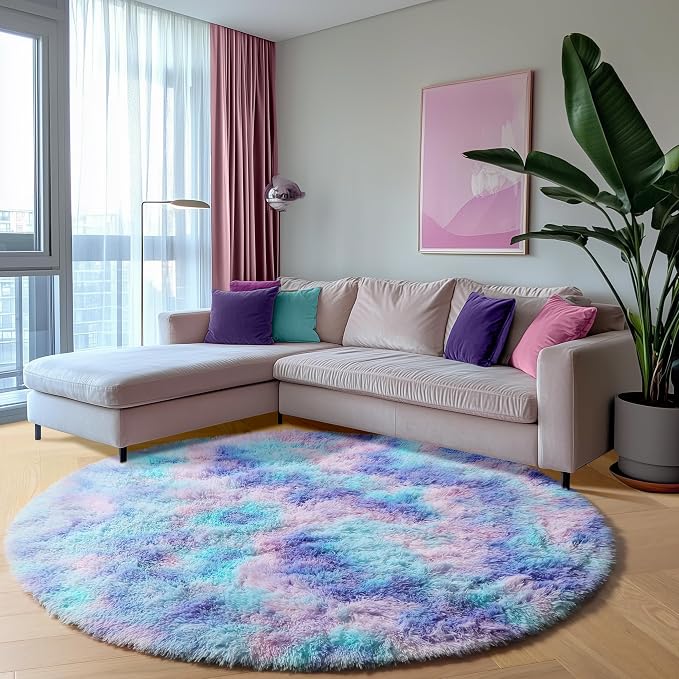 Rainbow Round Area Rugs 5ft, Soft Bedroom Circle Rug Mats - Image 5