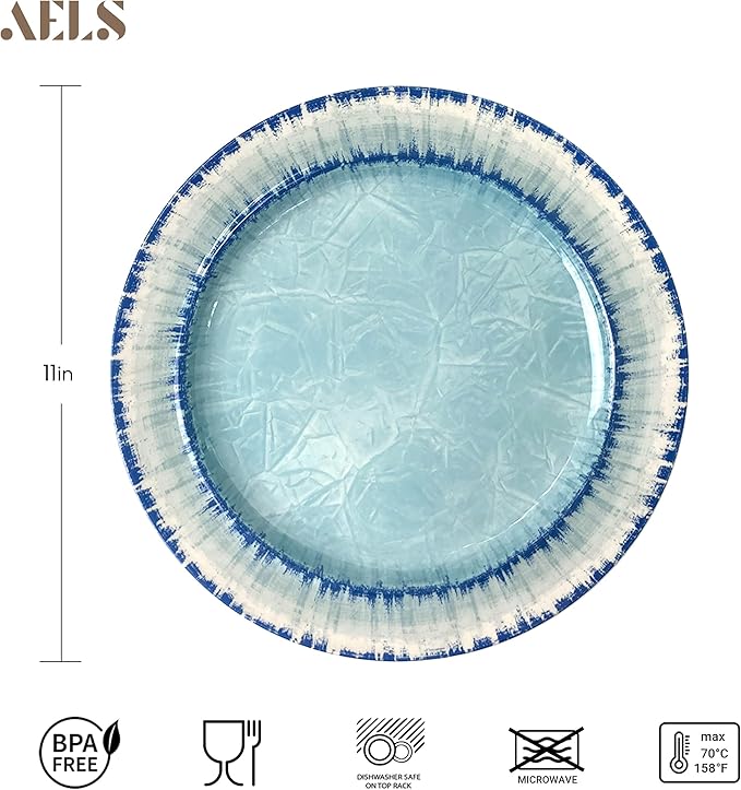 AELS Melamine Salad Plates Set of 6, 11 inch Serving Dishes for Indoor and Outdoor Use, Dishwasher Safe, Lightweight Unbreakable, BPA Free, Light Blue