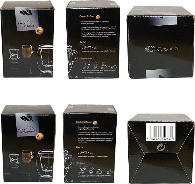 Creano 2x All-In-One Tea Glass with integrated Glass Filter and Lid - 14oz (400ml)