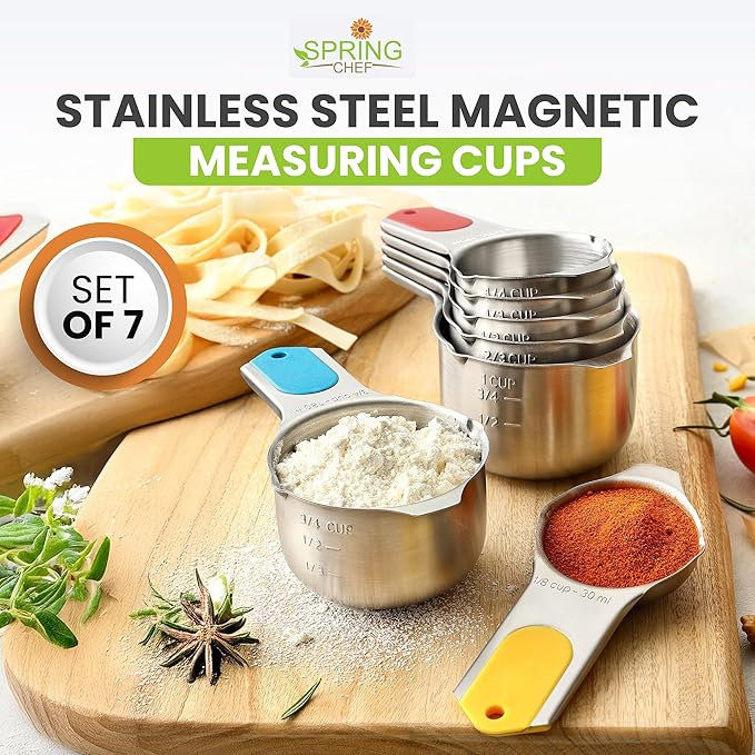 Spring Chef Magnetic Stainless Steel Measuring Cups (Patent Pending), Kitchen Tools with Easy to Read Markings for Measuring Dry or Liquid Ingredients, Set of 7, Multicolor