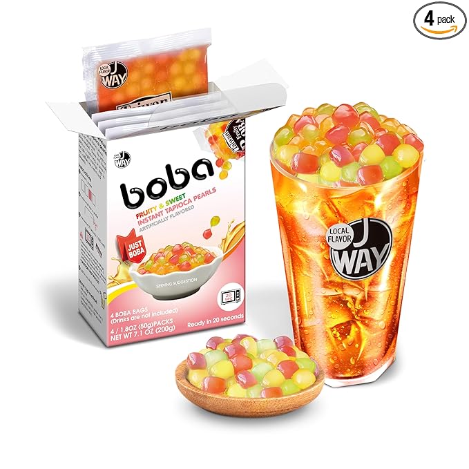 J WAY BOBA Authentic Instant Tapioca Boba Pearls for Milk Tea, Smoothies and Desserts, Tropical Fruit Flavor (Ready in Just 20 Seconds) - 4 Servings