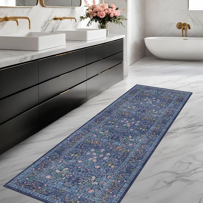 Dark Blue Washable 2x7 Runner Rug Non Slip by HazoHaus