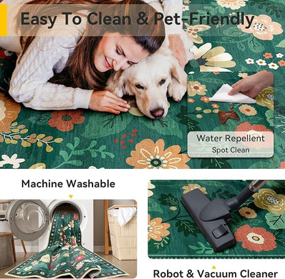 RELEANY Floral Washable 6x9 Area Rugs DarkGreen | Flower Carpet Print Boho Cute - Image 5